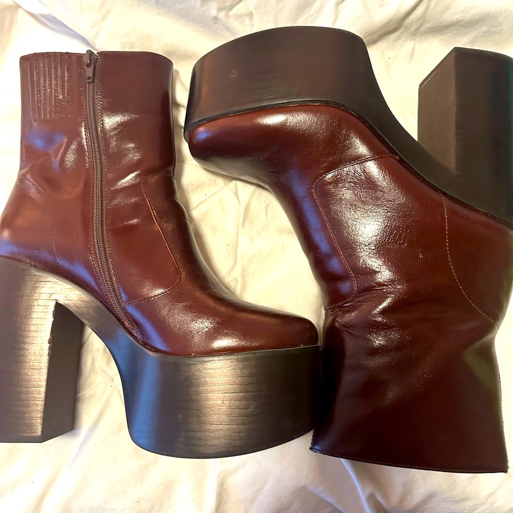 Jefferey Campbell Cognac leather platform boot.